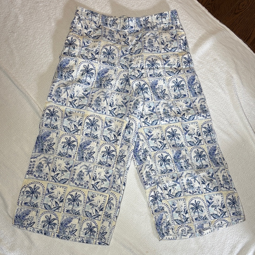 Tropical Blue and White Patterned Pants 100% linen